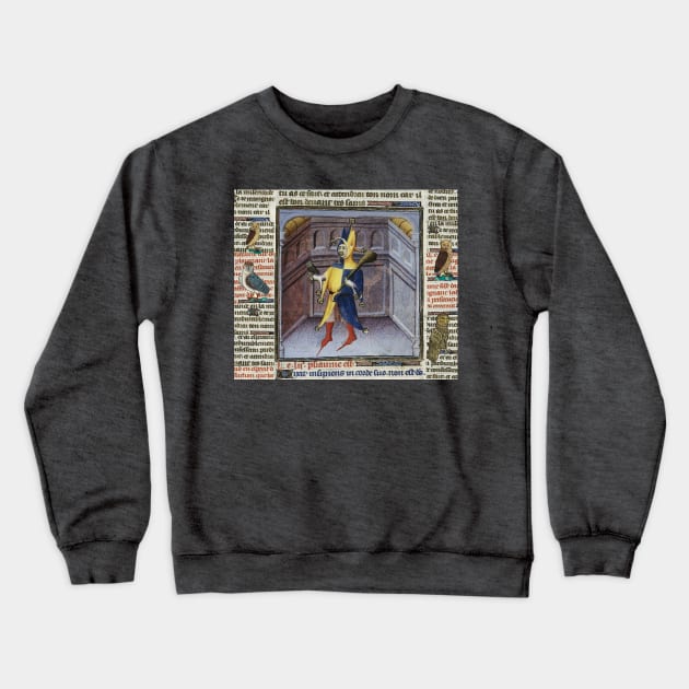 JESTER HOLDING OWL MEDIEVAL MINIATURE MANUSCRIPT Crewneck Sweatshirt by BulganLumini